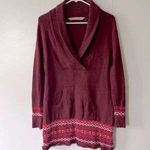 Athleta Fair Isle tunic length sweater size medium wine red color Christmas